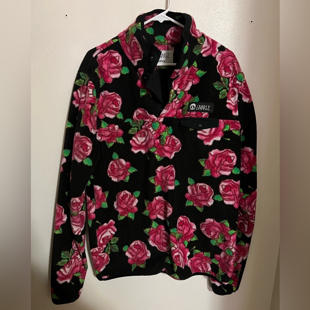 GNARLY Classic‎ Rose Printed Quarter Button Fleece Sweatshirt Oversized Size M